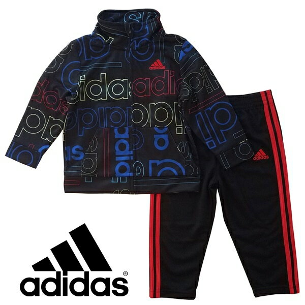 【送料無料+割引クーポン多数配布中】 adidas アディダス 男の子用大きな総柄ロゴが可愛いジャージ上下2点セット（Black） セットアップ 出産祝い スウェットパンツ ジョガーパンツ トップス ボトムス ベビー服 キッズ