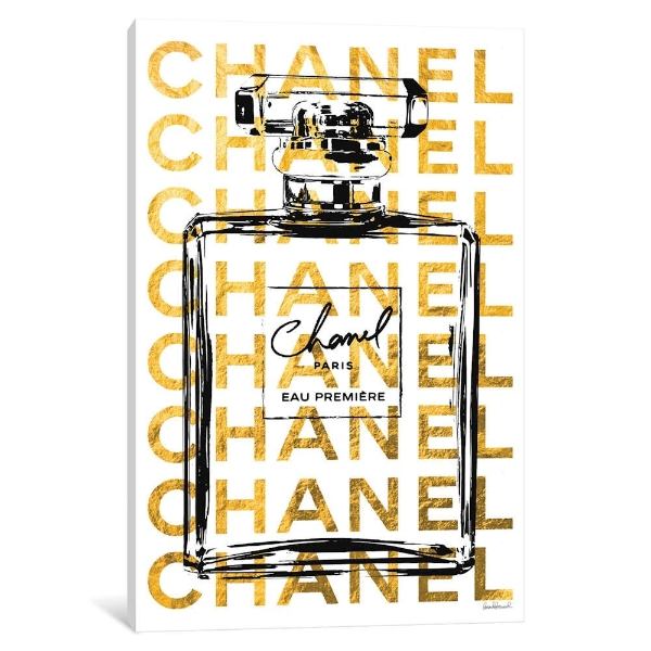 【送料無料+割引クーポン】 米国発のお洒落なオマージュアート Perfume Bottle with Gold Writing シャネル CHANEL キャンバスアート インテリア 絵画 模様替え