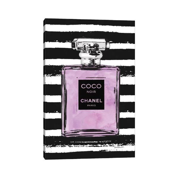 【送料無料+割引クーポン】 米国発のお洒落なオマージュアート Purple Perfume On Black Stripes シャネル CHANEL キャンバスアート インテリア 絵画 模様替え