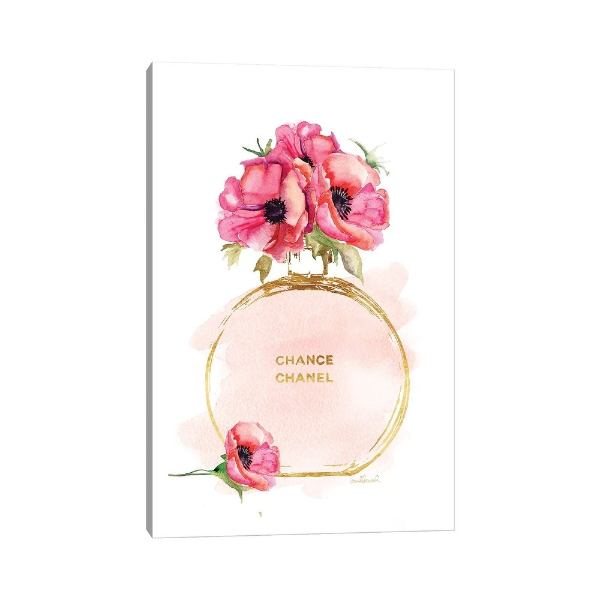 【送料無料+割引クーポン】 米国発のお洒落なオマージュアート Round Perfume Bottle & Poppies シャネル CHANEL キャンバスアート インテリア 絵画 模様替え