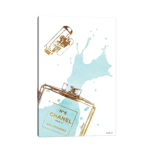 【送料無料+割引クーポン】 米国発のお洒落なオマージュアート Gold Perfume Bottle With Teal Splash シャネル CHANEL キャンバスアート インテリア 絵画