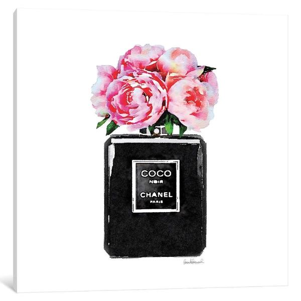 【送料無料+割引クーポン】 米国発のお洒落なオマージュアート Coco Noir Perfume with Pink Peonies シャネル CHANEL キャンバス インテリア 絵画 引越し祝い 模様替え