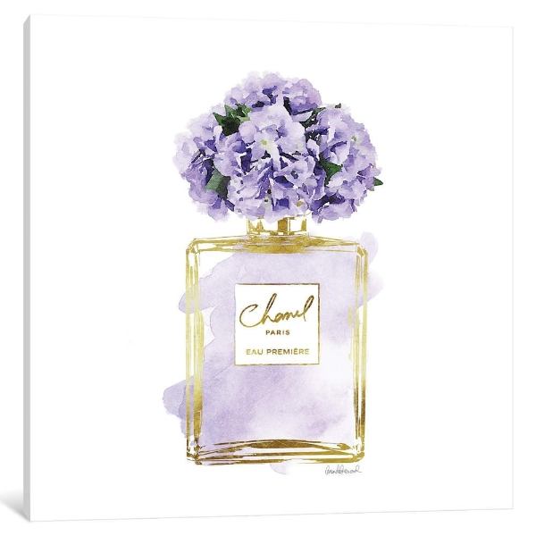 【送料無料+割引クーポン】 米国発のお洒落なオマージュアート Purple Perfume Bottle, Purple Peonies シャネル CHANEL キャンバスアート インテリア 絵画