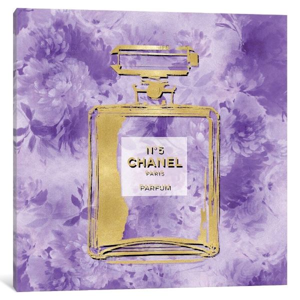 【送料無料+割引クーポン】 米国発のお洒落なオマージュアート Gold Perfume On Purple Flowers シャネル CHANEL キャンバスアート インテリア 絵画 引越し祝い ギフト 模様替え