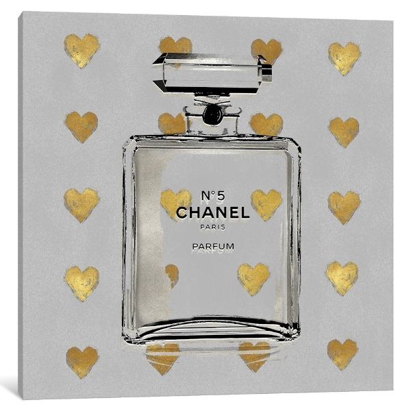  米国発のお洒落なオマージュアート Gold Hearts On Grey シャネル CHANEL キャンバスアート インテリア 絵画 模様替え