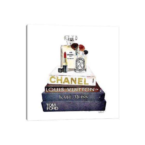 【送料無料+割引クーポン】 米国発のお洒落なオマージュアート Stack Of Fashion Books With A Hint Of Gold Makeup シャネル CHANEL キャンバス インテリア 絵画