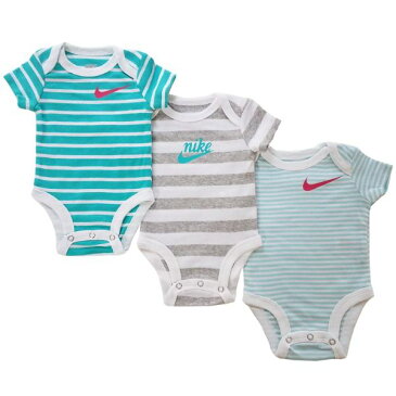 【送料無料+月末割引クーポン配布中】 nike ナイキ ロンパース 男の子用Swooshロゴ入り春色ボーダーボーイ半袖ボディスーツ3枚セット(Neptune Green/Grey/Mint) ボディースーツ カバーオール パジャマ 出産祝い