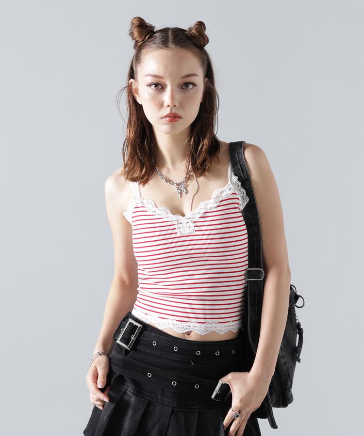【LHP】MAVYTH / メヴィス / BORDER CAMISOLE　ボーダー キャミソール レース キャミソール タンクトップ リブ インナー リボン ショート丈 クロップド丈 レッド ホワイト ブラック 赤 白 黒 レディース 女性 国内正規品