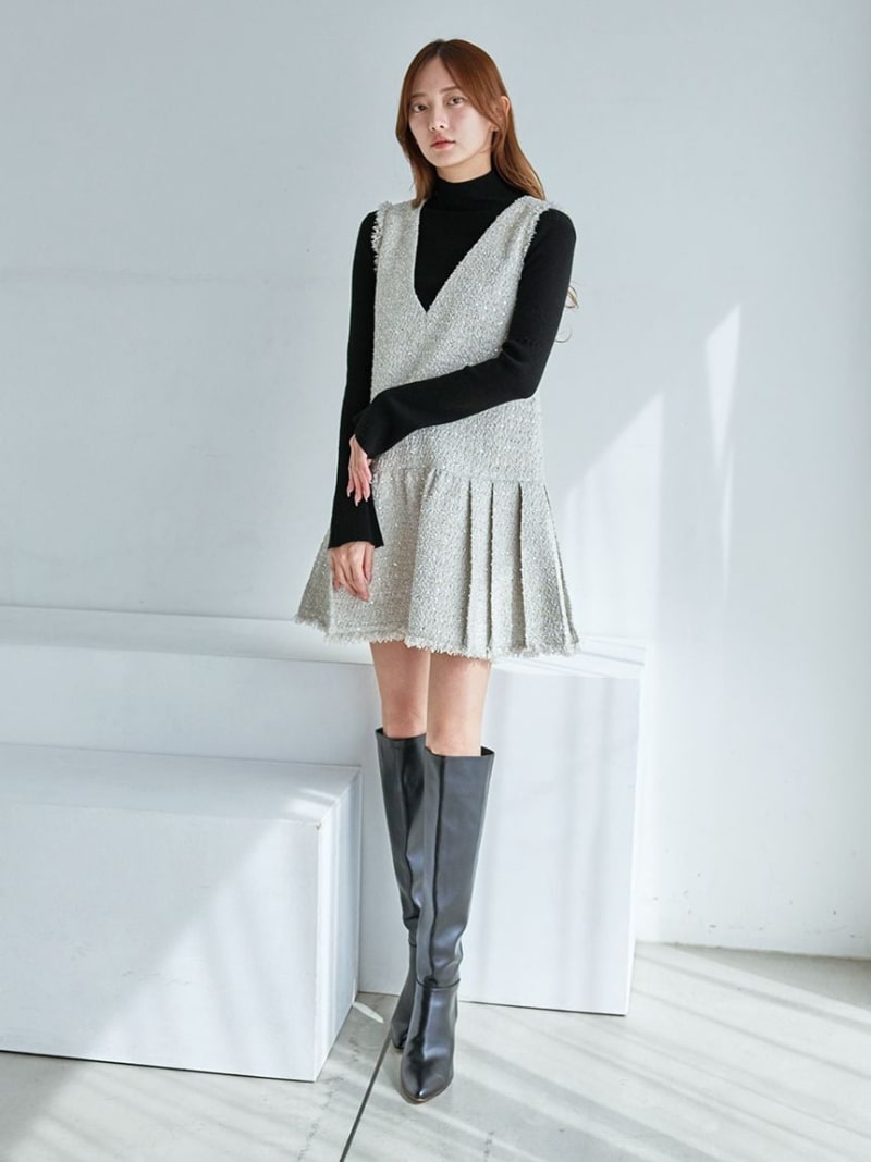 Vネックツイードジャンスカ SNIDEL スナイデル ワンピース・ドレス ワンピース ネイビー【先行予約】*【送料無料】[Rakuten Fashion]