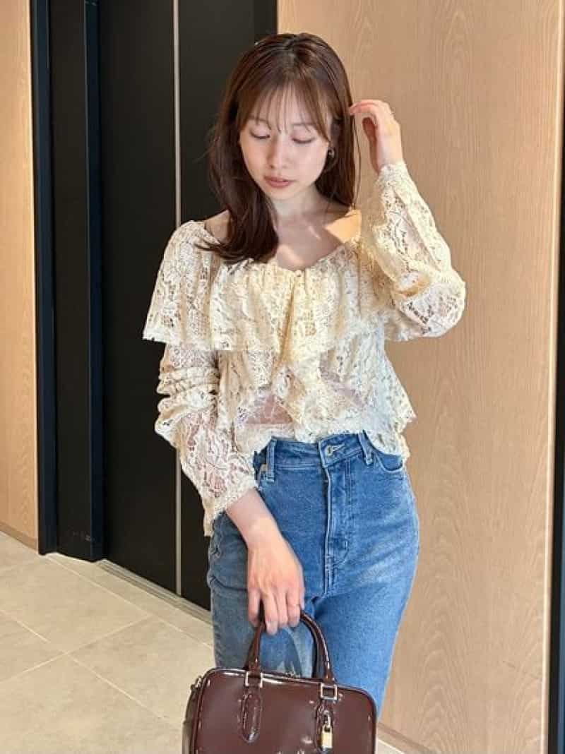 ラッフルレースブラウス styling/ スタイリング トップス シャツ・ブラウス ピンク ブラック【送料無料..