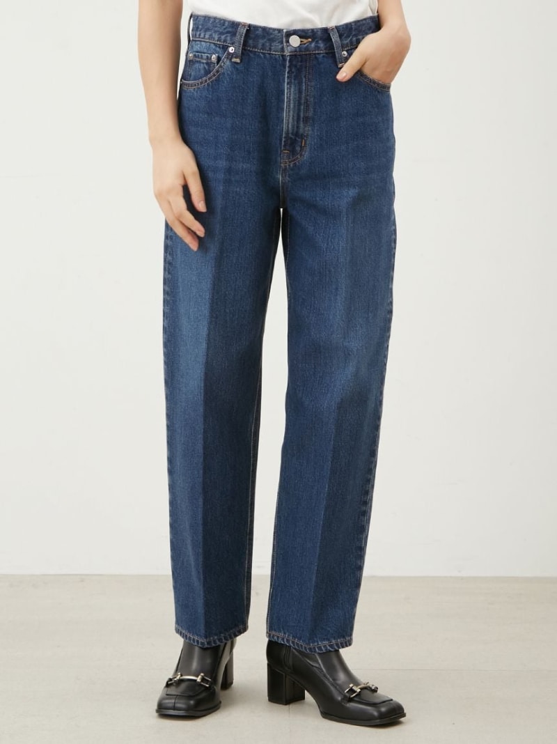 センタープレスワイドテーパードデニムパンツ【手洗い可能】 Mila Owen ミラオーウェン パンツ ジーンズ・デニムパンツ ネイビー ホワイト ブルー【送料無料】[Rakuten Fashion]