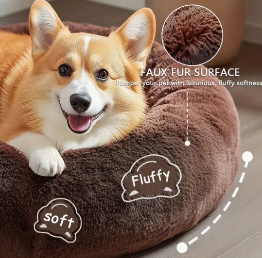 Rakuten - 犬と猫のベッド Sサイズ ドーナツ 柔らかいラウンドベッド ふわふわのフェイクファー 豪華なクッションベッド