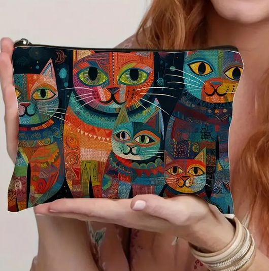Rakuten - 猫 キャンバス 化粧ポーチ 旅行用 ジッパー付き 軽量で折りたたみ可能 大きめ