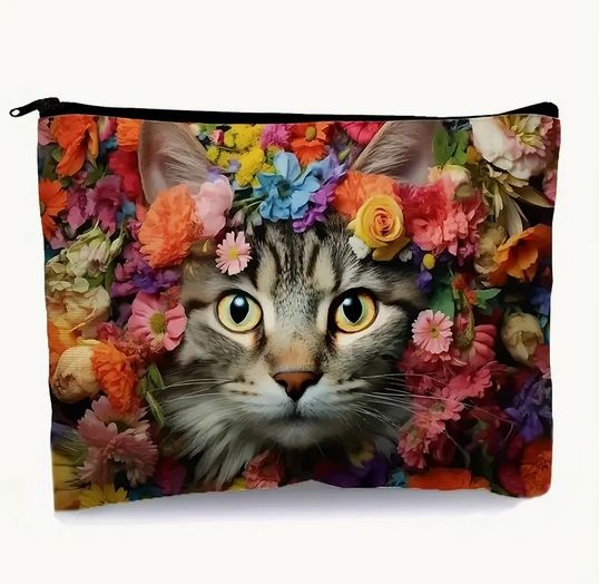猫 キャンバス化粧ポーチ 旅行用 ジッパー付き 軽量で折りたたみ可能 大きめ
