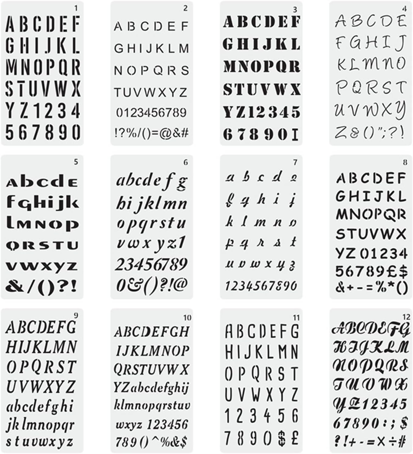 ステンシルシートアルファベット数字製図 描画テンプレート大文字 小文字繰り返し利用(12枚セット)
