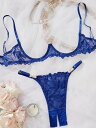 花柄レースランジェリーセット ロイヤルブルー オープンバストブラ & オープンクロッチショーツ 女性用セクシーランジェリー&下着 セクシー オープンブラ