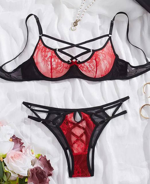 セクシーカラーブロックレースブラ＆パンティセット レッド リボンクロスデザイン 女性用下着
