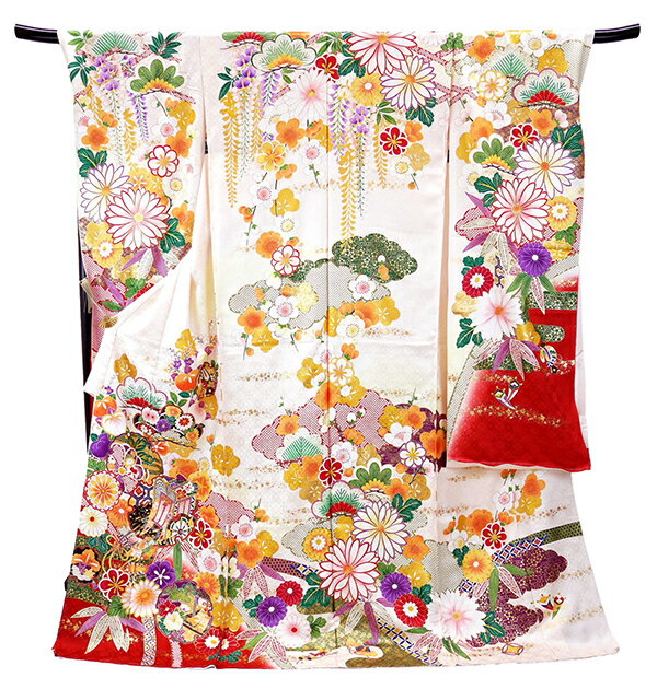 【セール】286.000円→264.000円 仕立て付き 正絹 振袖 フルセット32点 f-005 薄ベージュピンク くすみ色 御所車 藤 梅 刺繍 新品購入 成人式 卒業式
