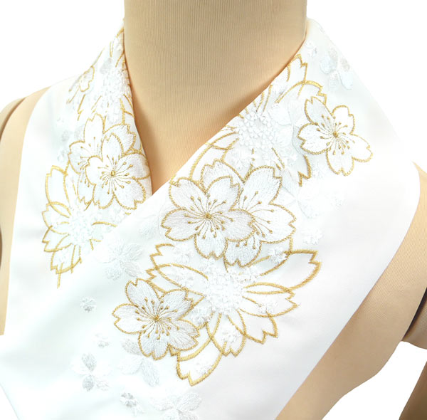振袖用 刺繍 半衿 he-024 白 金糸 刺繍入り 桜柄 振袖 成人式 結婚式 半襟 訪問着 ポリエステル