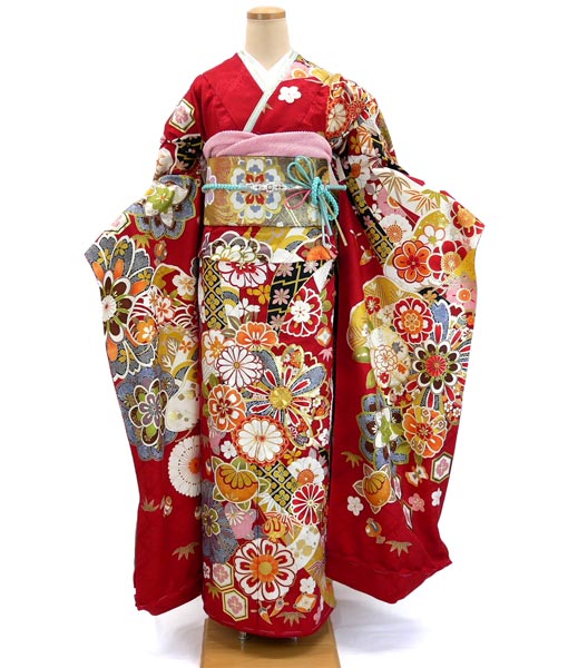 振袖 フルセット32点 仕立て付き 正絹 振袖 f-424 古典柄 新品 赤 レッド　菊　桜 金駒刺繍 刺繍 成人式 卒業式 結婚式
