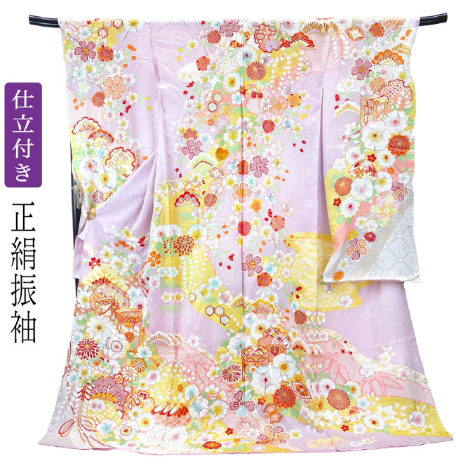 【セール】176.000円→154.000円 仕立て付き 正絹 振袖 f-011-t 薄藤色 薄紫 貝桶 辻が花 しぼり 絞り 刺繍入 新品購入 単品購入成人式 結婚式 卒業式