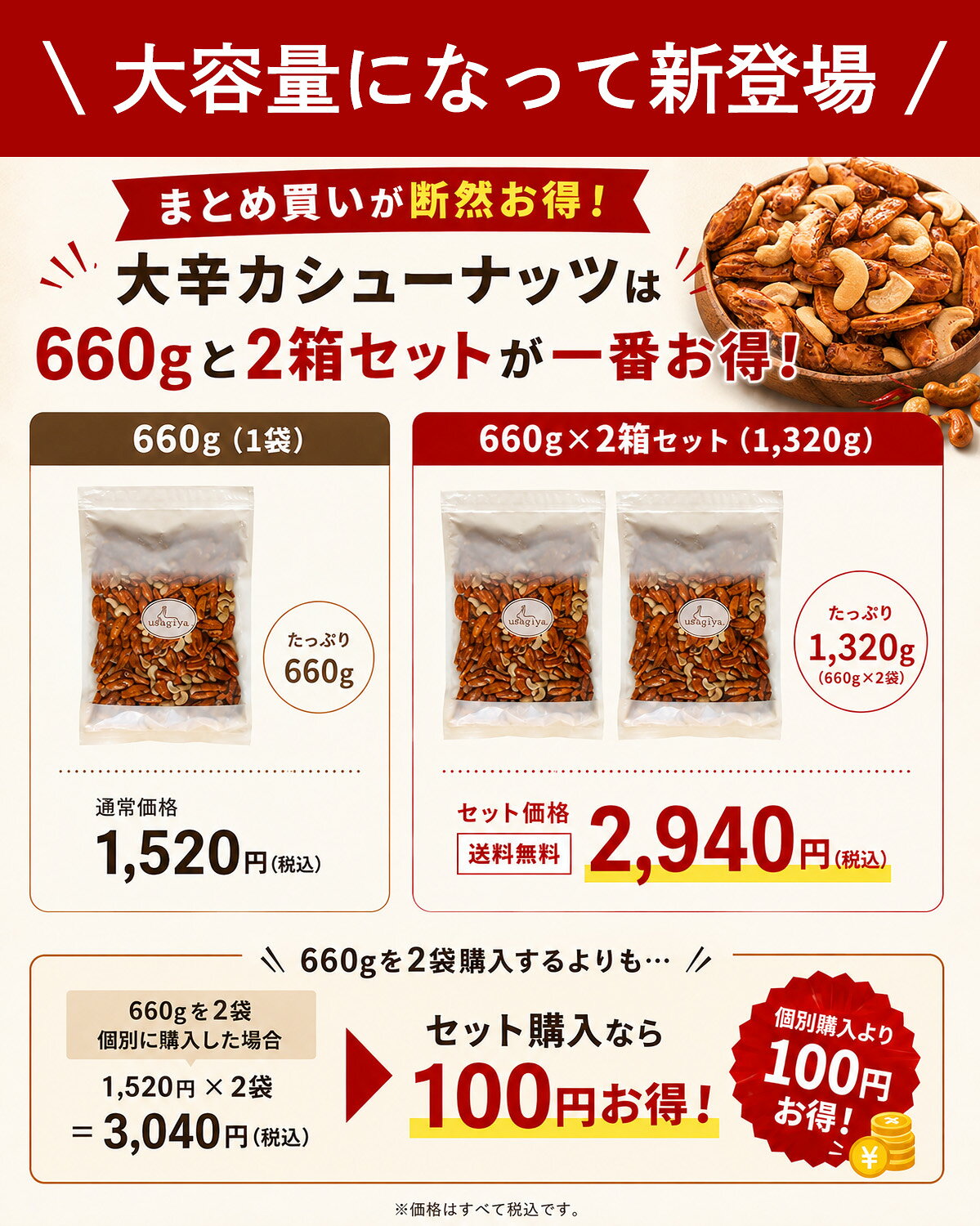 【ランキング1位獲得！】おつまみ 1000円ポッキリ 訳あり カシューナッツ入りの大辛種 柿の種 410g カシューナッツ 無塩 業務用 お徳用 大容量 おやつ 間食 お菓子 おつまみ ビールのお供 あられ おかき ギフト usagiya usagiya2001-10000002 usagiya サンプル画像2