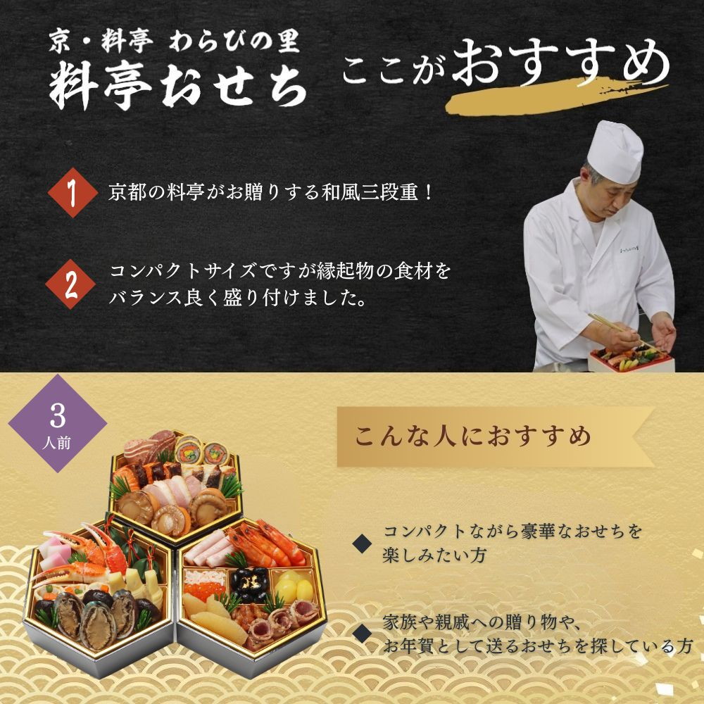 おせち 早割 2027 わらびの里 料亭の六角おせち三段重 3人前 24品目 usamart-10025892 うさマート 楽天市場店 サンプル画像2