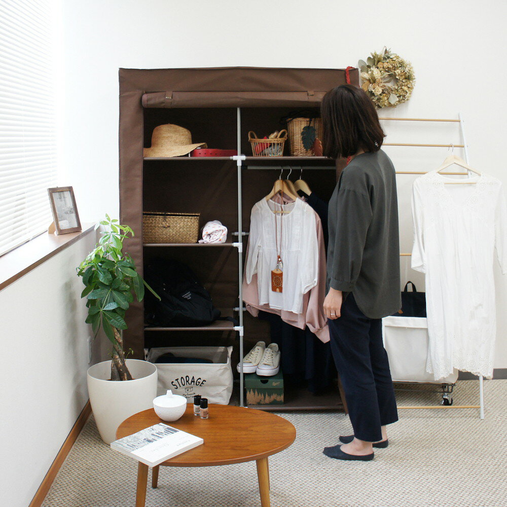 乐天商城 - ハンガーラック 引出付き カバー付き 衣類収納 クローゼット フクダクラフト 棚付ハンガー HC-T1016 BR P ブラウン