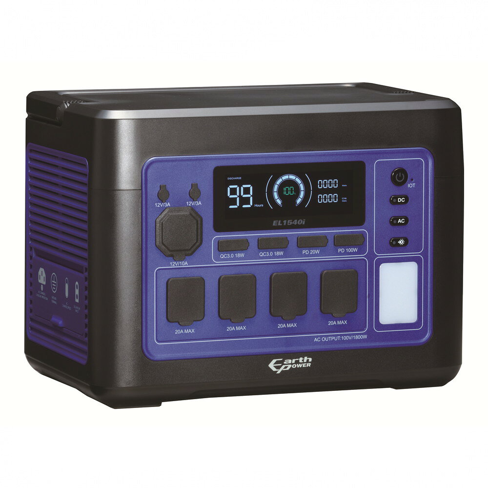 Willbe EarthPOWER ポータブル電源 EL1540i■高耐久性、長寿命高品質リン酸鉄リチウムイオンバッテリー搭載。ボディは高い安全性の自己消火性樹脂を採用。4000サイクル使用後も80％の容量を保持する長寿命バッテリー。■高機能搭載高機能なBMS(Battery Management System)により常に全てのセル監視を行い、異常時は警告アイコン表示。パススルー・UPS機能搭載で、切替時間は0.01秒以下。■防水カバー標準装備雨天時も安心して使える、IPX4の防水カバーを標準装備。カバーを付けたまま使用可能。■信頼のアフターサービス日本メーカーとしてアフターサービスの対応は万全。万が一、故障などの不具合が生じた場合でも、ご購入いただいた日から最大3年間の保証付き。不要になった製品は、メーカーによる無償廃棄対応。 ※送料除く■カラー液晶ディスプレイ搭載■ 送料・本商品は、北海道・沖縄県・その他離島へお届けの場合、追加送料が発生します。予めご了承の上ご注文ください。■ 備考・商品画像は、お使いのモニターの指定や閲覧環境、お部屋の照明などにより実際の商品と色味が異なる場合がございます。あらかじめご了承のうえお買い求めください。 ・品質向上やデザイン変更などにより、予告なくパッケージ・取扱説明書の内容などが変更になる場合がございます。 商品説明メーカーWillbeサイズ346×228×251mm重量14.2kg容量1536WhAC定格出力1800WAC最大出力3600W(瞬時)AC出力ポートAC100V×4ポート50/60Hz切替可USB出力Type-A×2 18WType-C×1 20WType-C×1 100W充電時間100％ 約1.6時間充電ポート(AC)急速 ＜ AC1200W低速 ＜ AC500W充電ポート(DC)DC12-50VMax 500Wセル仕様リン酸鉄パススルー機能出力 ＜ AC1400WUPS機能切替時間 ≦ 10ms使用温度範囲充電 0〜45℃放電 -10〜45℃