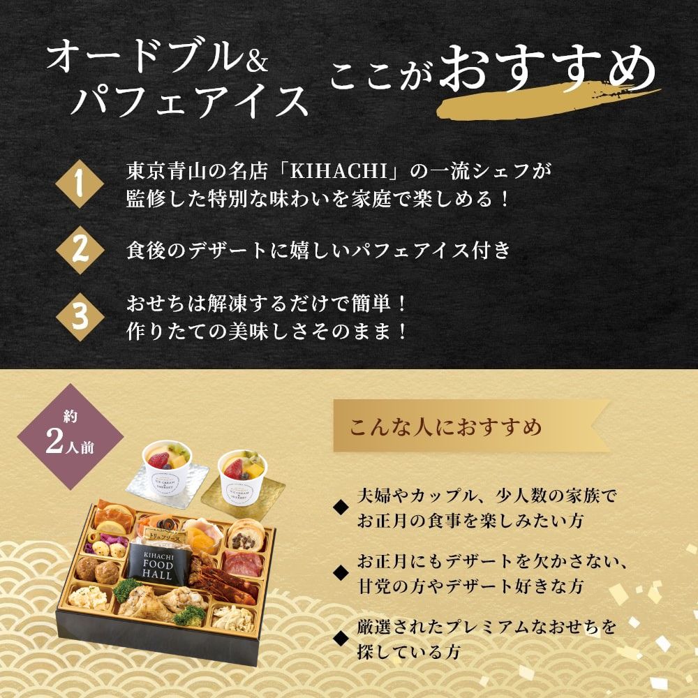 おせち 早割 2027 東京青山「KIHACHI」監修 KIHACHI FOOD HALL オードブル＆パフェアイス 一段重 約2人前 21品目＋パフェアイス usamart-10016786 うさマート 楽天市場店 サンプル画像2