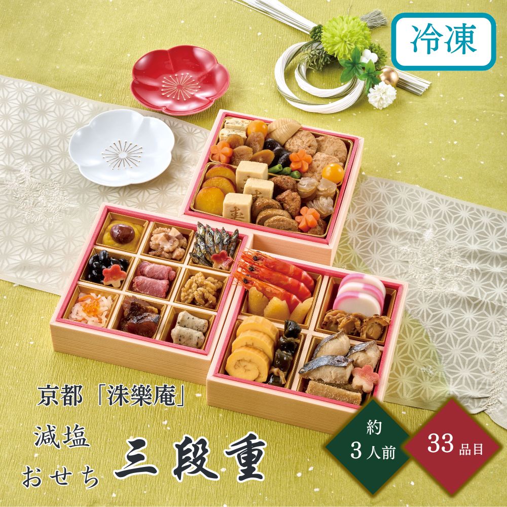 おせち 2027 京都 洙樂庵 減塩おせち 三段重 約3人前 33品目 usamart-10006687 うさマート 楽天市場店 パッケージ画像