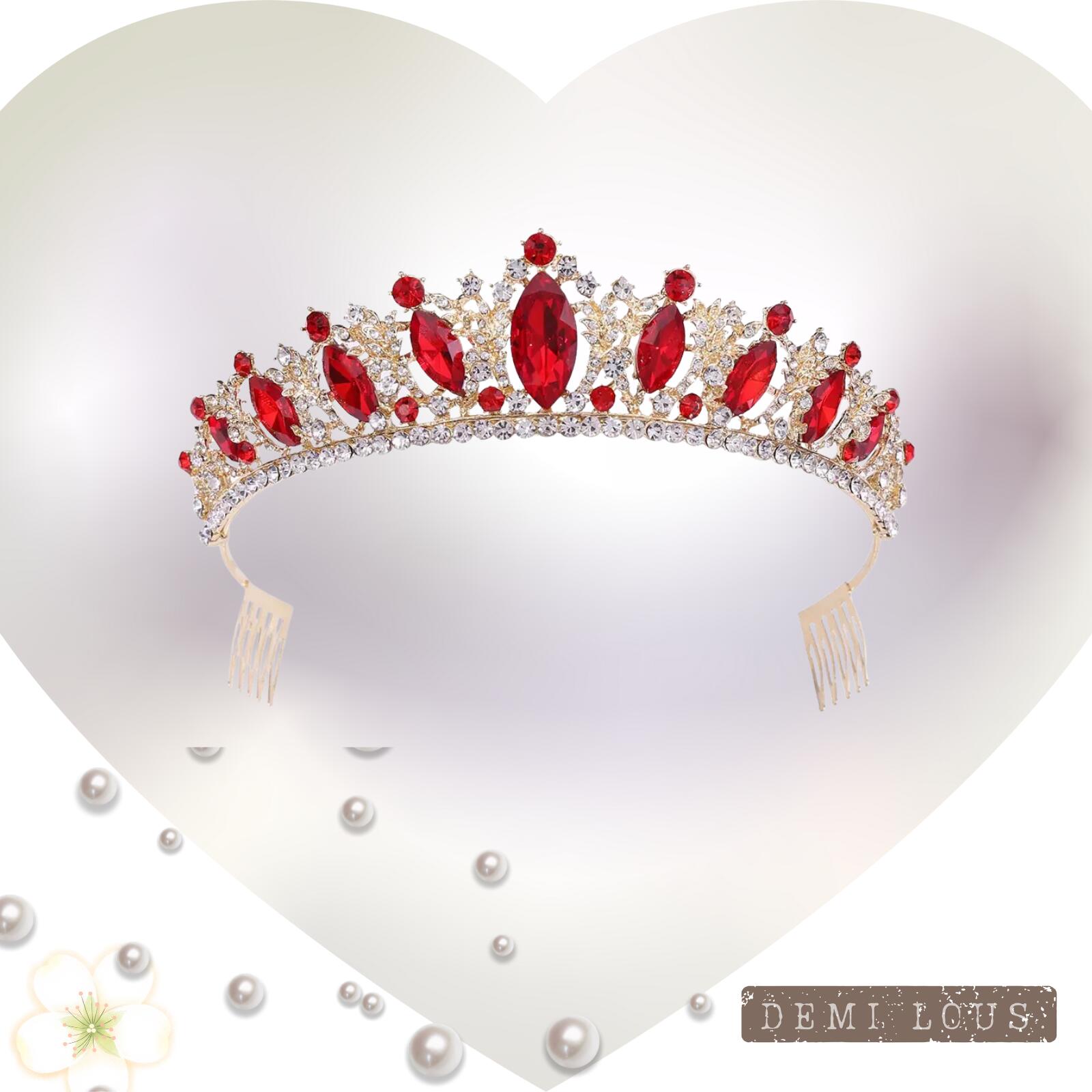 新作 プリンセス ティアラ クラウン レッド ゴールド シルバー 3色展開 ブライダル ヘアアクセ 結婚式 パーティー 撮影用 華やかで高貴なデザイン コーム付きで安定感抜群