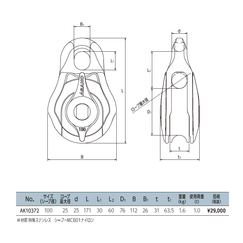 Rakuten 滑車 AKブロック PB-S型 削り出しナイロンシーブ 100mm AK10372 ステンレス SUS 浅野金属工業 アミD