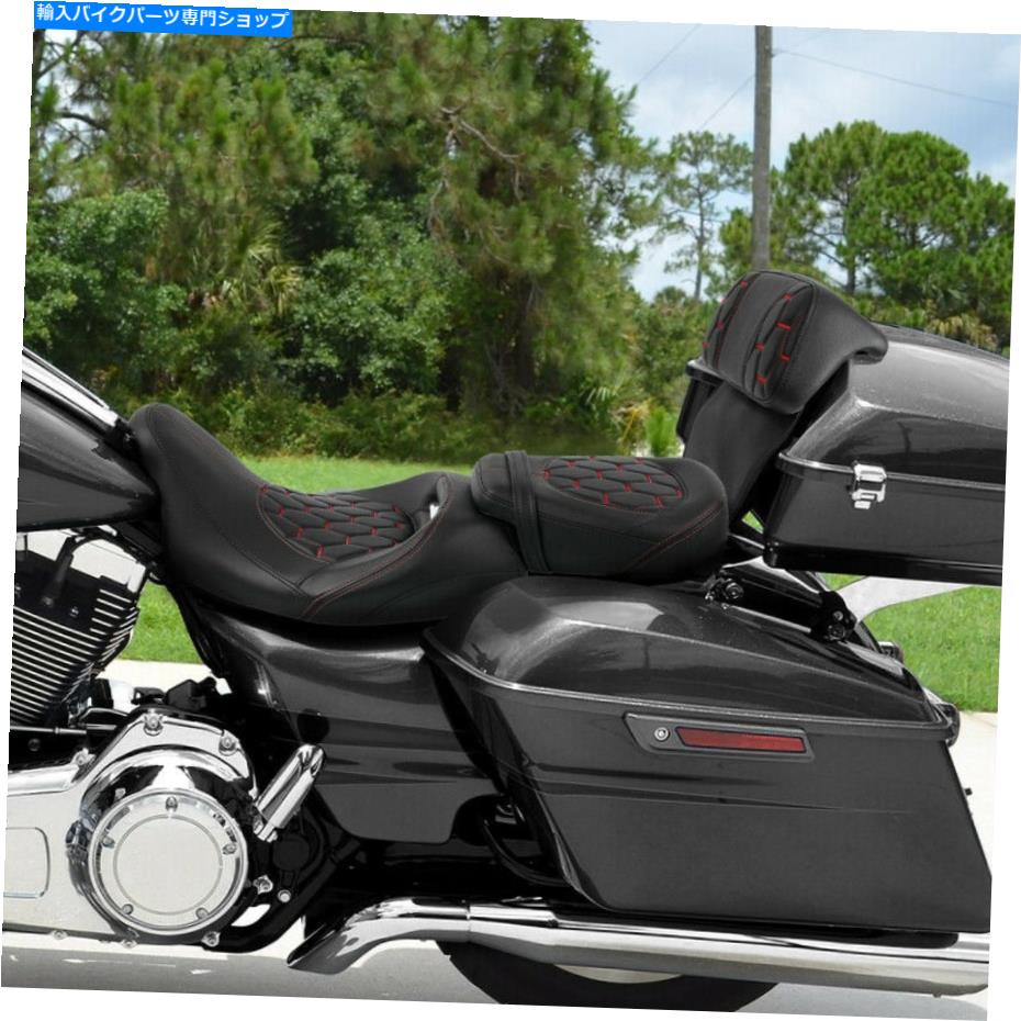 シート 赤ステッチドライバーの助手席座席＆背もたれフィットハーレーロードキング14アップ Red Stitching Driver Passenger Seat & Backrest Fit For Harley Road King 14-UP