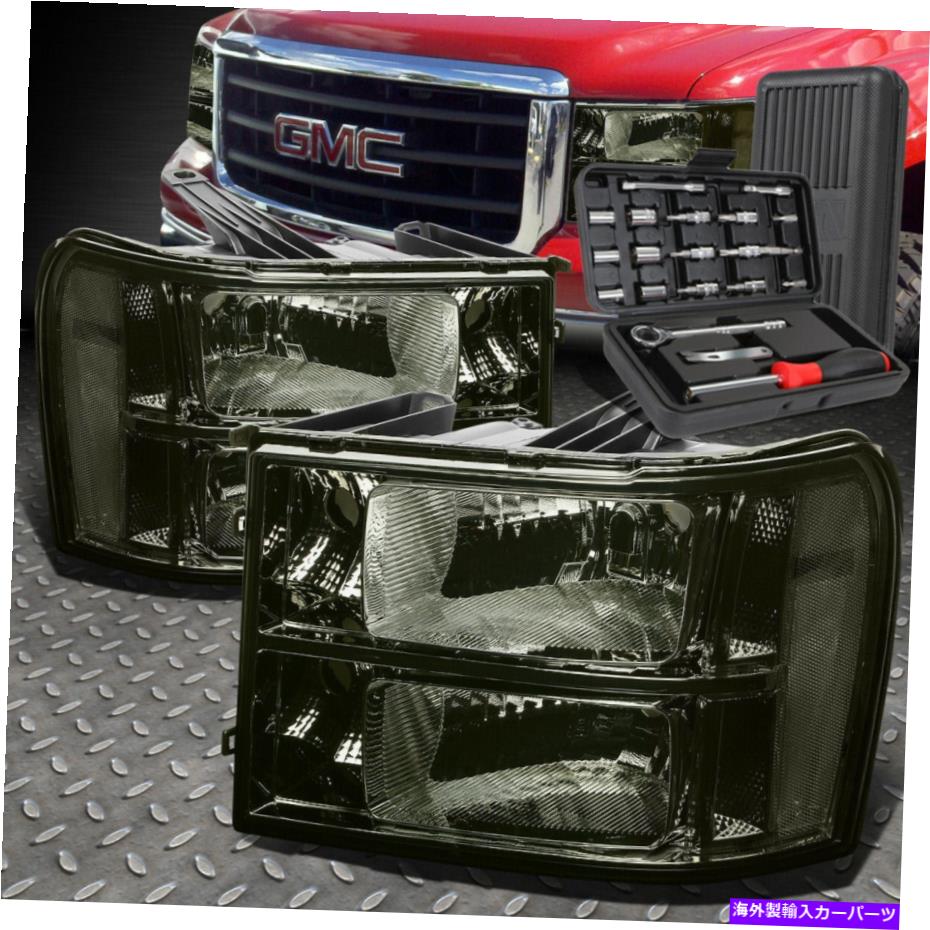 USヘッドライト 07-13 GMCシエラスモークハウジングクリアコーナーヘッドライトヘッドランプ+ツールセット FOR 07-13 GMC SIERRA SMOKED HOUSING CLEAR CORNER HEADLIGHT HEAD LAMPS+TOOL SET