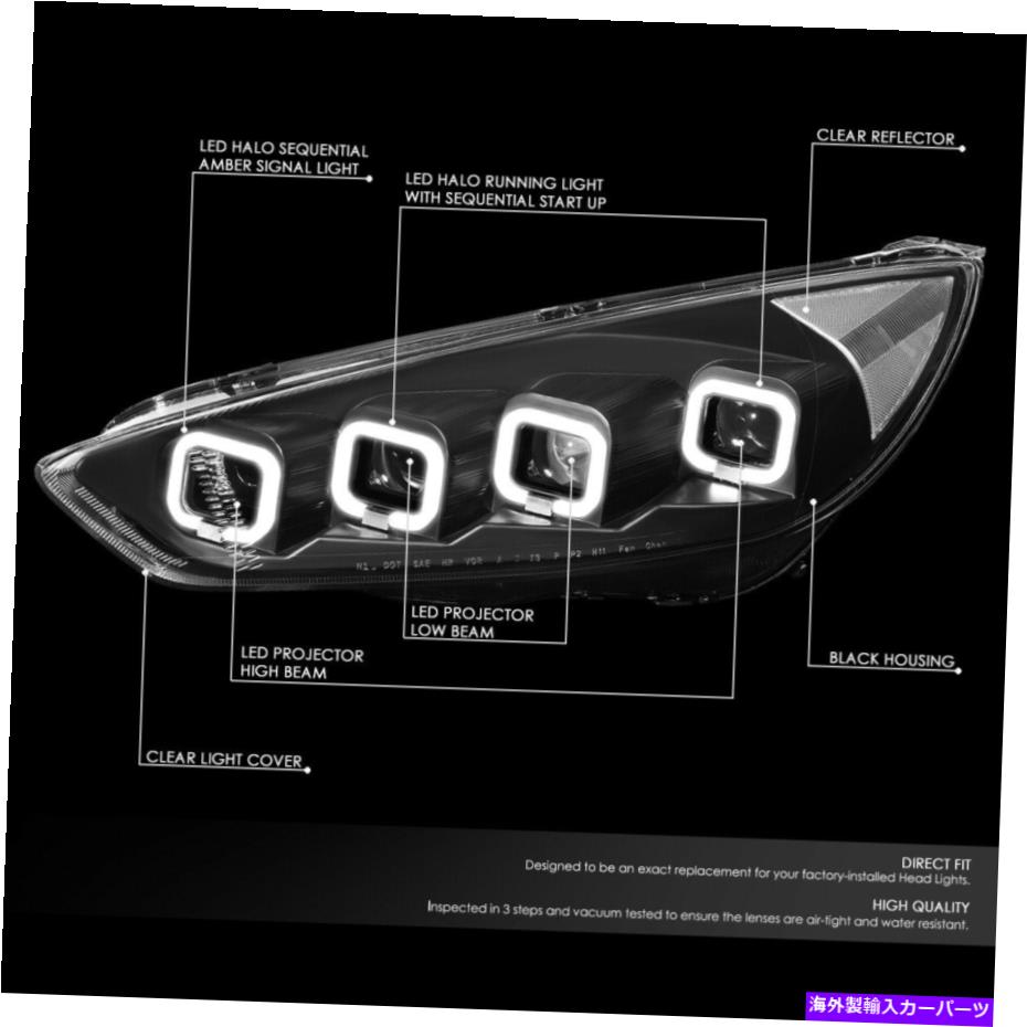 USヘッドライト 2015年から2018年フォーカス順次LED Haloプロジェクターヘッドライトブラック/クリア For 2015-2018 Ford Focus Sequential LED Halo Projector Headlight Black/Clear