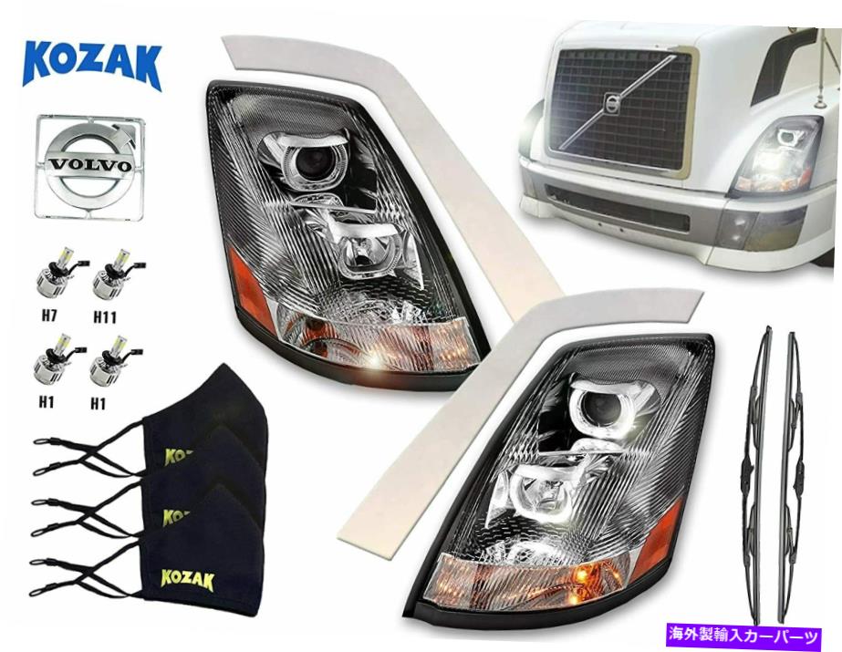 USヘッドライト LEDハロス+ロゴ、電球、トリム、フェイスマスク、ワイパー付きボルボVNLクロムヘッドライト Volvo VNL Chrome Headlight with LED Halos + Logo, Bulbs, Trim, Face Masks, Wiper
