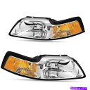USヘッドライト 99-04フォードマスタングクロムヘッドライトアセンブリアンバーコーナーランプ左+右 For 99-04 Ford Mustang Chrome Headlights Assembly Amber Corner Lamps Left+Right
