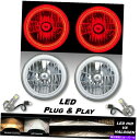 USヘッドライト 7 "赤いSMD LEDハローエンジェルアイクリスタルクリアH4ヘッドライト&6500K LED電球ペア 7" Red SMD LED Halo Angel Eye Crystal Clear H4 Headlight & 6500k LED Bulb Pair