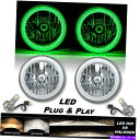 USヘッドライト 7 "グリーンSMD LEDハローエンジェルアイクリスタルクリアH4ヘッドライト&6500K LEDバルブペア 7" Green SMD LED Halo Angel Eye Crystal Clear H4 Headlight & 6500k LED Bulb Pair