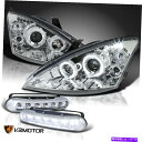 USヘッドライト FIT 2000-2004フォーカスハロープロジェクターヘッドライトクロム+フロントLEDフォグランプ Fit 2000-2004 Focus Halo Projector Headlights Chrome+Front LED Fog Lamps
