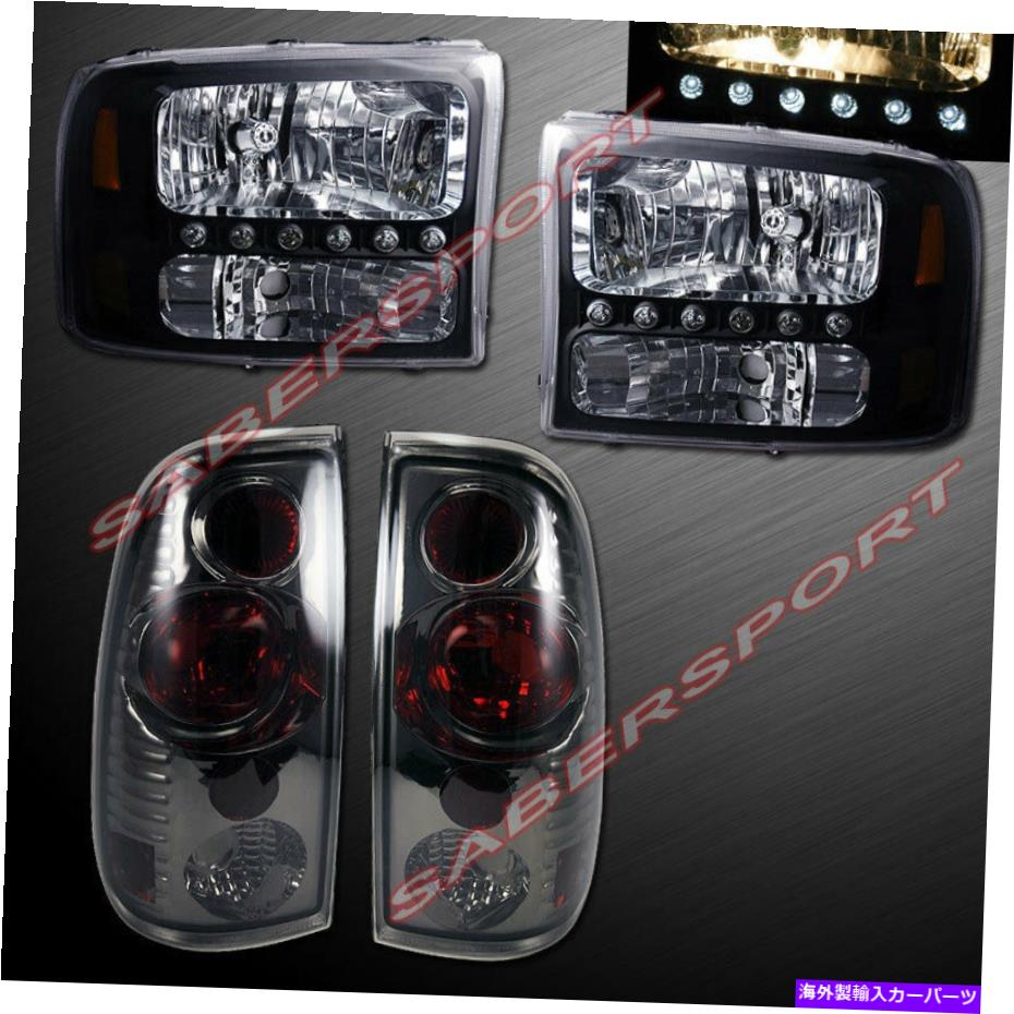 USヘッドライト 1ピーススタイルブラックヘッドライト+ 99-04フォードスーパーダッティのための煙タレイト 1 Piece Style Black Headlights + Smoke Taillights for 99-04 Ford SuperDuty