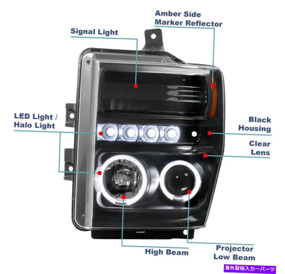 USヘッドライト 2008年2009年の2010年フォードスーパーデューティピックアップLEDバーハロープロジェクターヘッドライトブラック For 2008 2009 2010 Ford Super Duty Pickup LED Bar Halo Projector Headlight Black