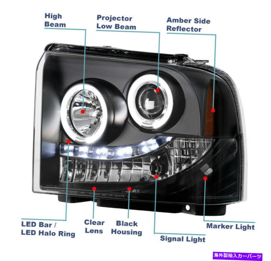 USヘッドライト FIT 2005-2007フォードスーパーデューティLEDハローブラックプロジェクターヘッドライトランプW / DRLキット Fit 2005-2007 Ford Super Duty LED Halo Black Projector Headlight Lamp w/DRL Kit