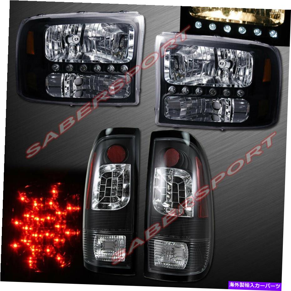 USإåɥ饤 1ԡιإåɥ饤+ LED TaillightsΥå99-04եɥѡƥ Set of 1 Piece Style Black Headlights + LED Taillights for 99-04 Ford SuperDuty