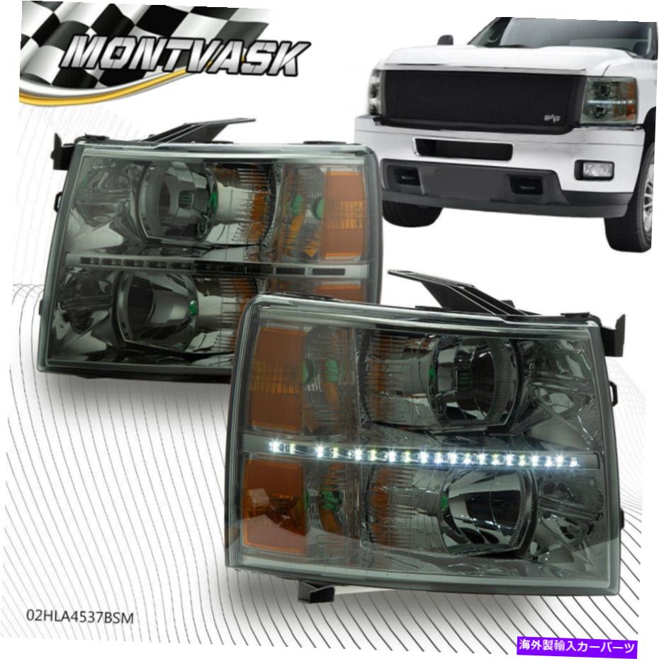 USヘッドライト * LEDストリップDRL *琥珀色信号クロム/煙ヘッドライト2007-2014 Silverado *LED Strip DRL*Amber Signal Chrome/Smoke Headlights For 2007-2014 Silverado