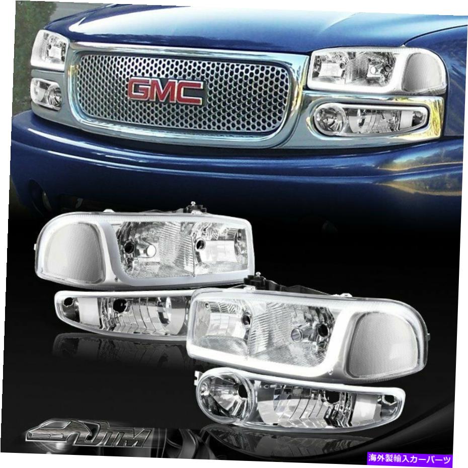 USヘッドライト GMC Yukon / Sierra 1500 Denali DRL LEDクロムクリアヘッドライト+バンパーランプ For GMC Yukon/Sierra 1500 Denali DRL LED Chrome Clear Headlights+Bumper Lamps