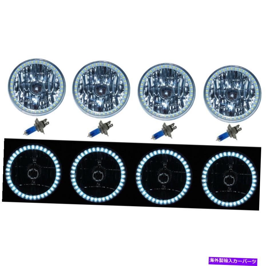 USヘッドライト 5-3 / 4 SMDホワイトLEDハロハロゲン電球金属ヘッドライトエンジェルアイクリアセット4 5-3/4 SMD White LED Halo Halogen Bulb Metal Headlight Angel Eye Clear Set Of 4