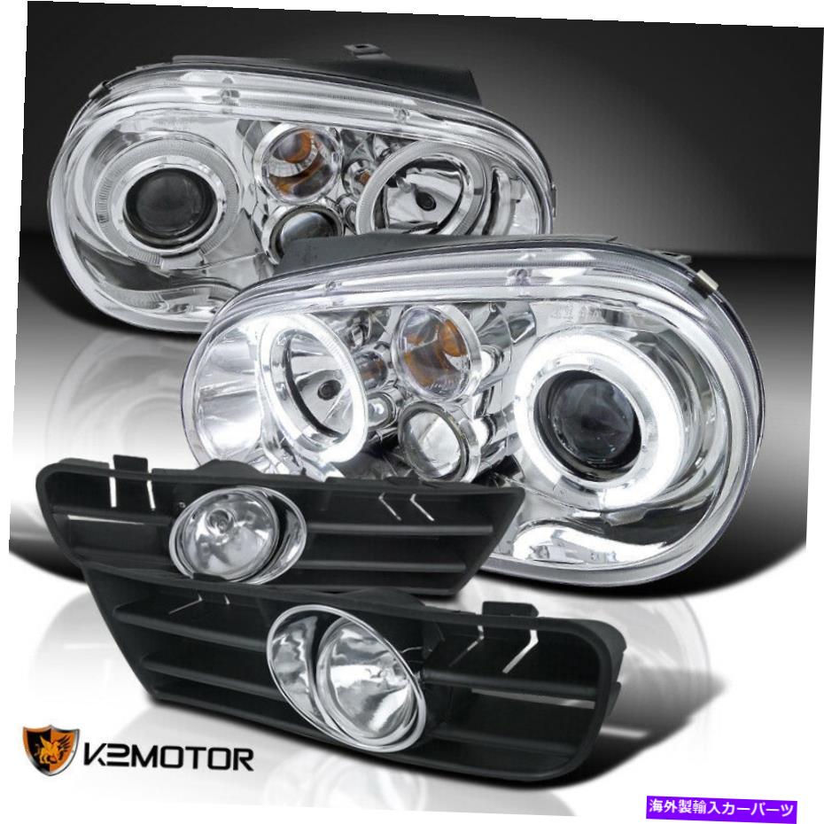 USヘッドライト フィット99-04ゴルフMK4クロムLEDデュアルハロープロジェクターヘッドライト+クリアフォグランプ Fit 99-04 Golf MK4 Chrome LED Dual Halo Projector Headlights+Clear Fog Lamps