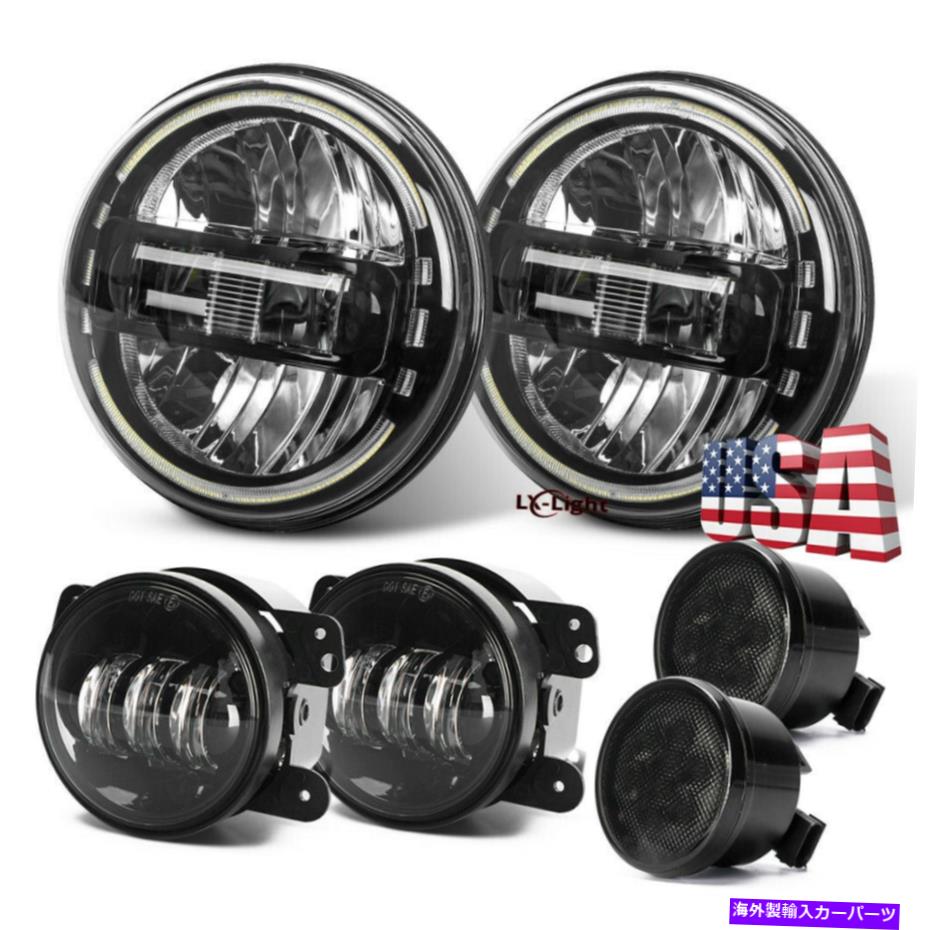 USヘッドライト 7 "ラウンドLEDのヘッドライトの角度の目の霧のターンシグナルコンボキット07-17 7" Round LED Headlight Angle Eyes Fog Light Turn Signal Combo Kit for Jeep 07-17